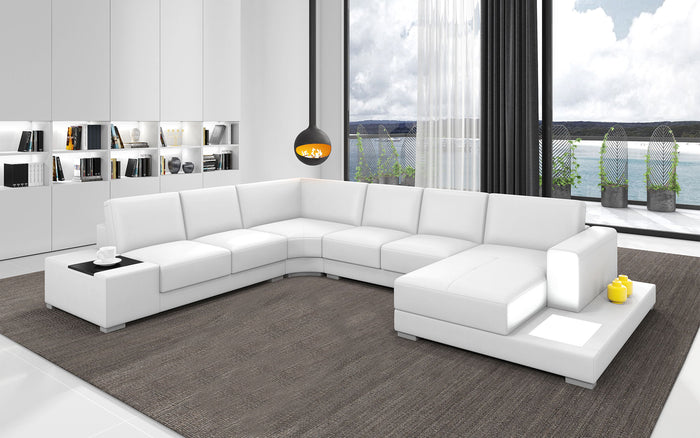 Snoe White Modern Leather Sectional with LED Light