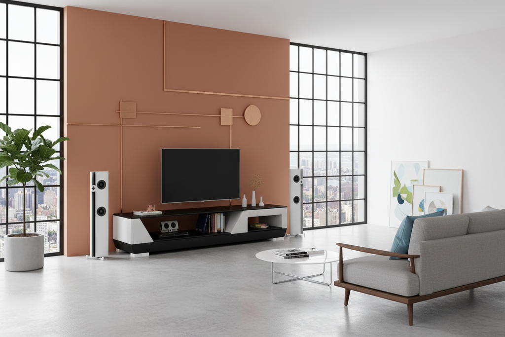 Austin TV Stand reddish orange black industrial