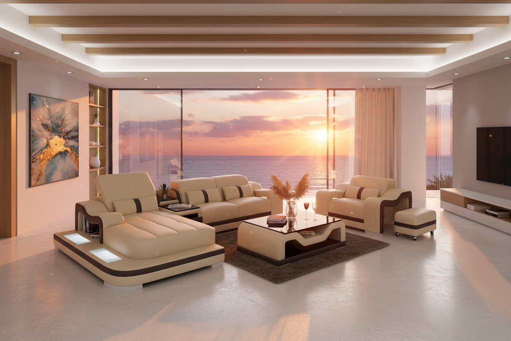 Bayard Leather Sectional With Ottoman - Beachfront Villa Sunset