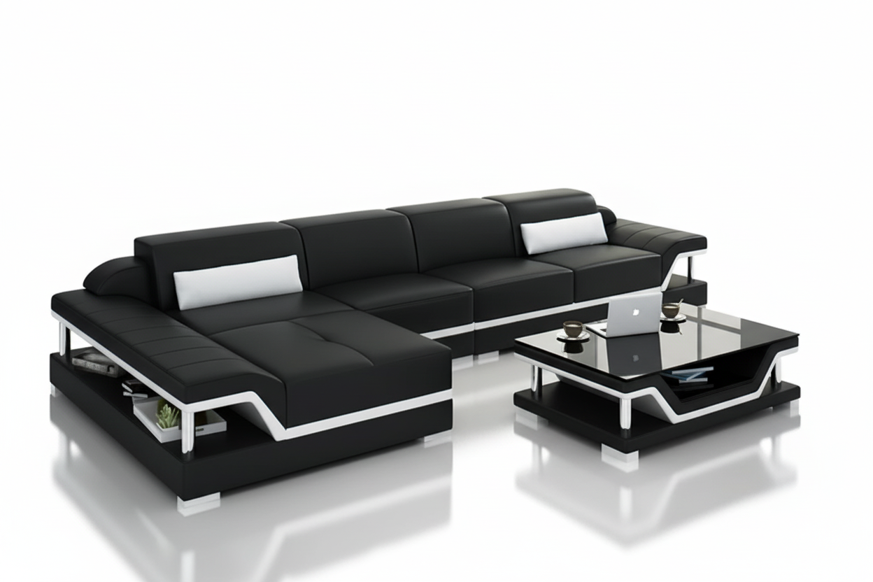 Modern black sectional on blank background
