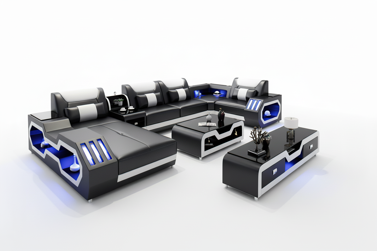 Omont Modern Leather Sectional with Console - 纯白底 3:2