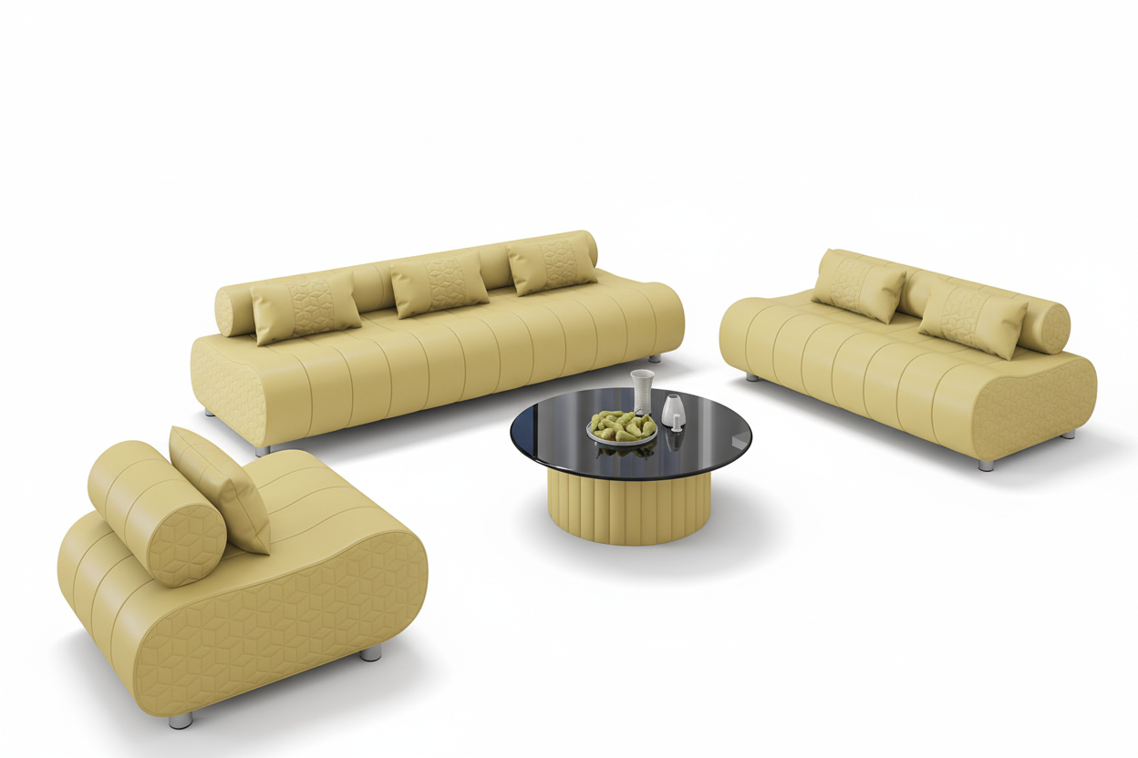 Puffer Modern Leather Sofa Set - Black Angled View