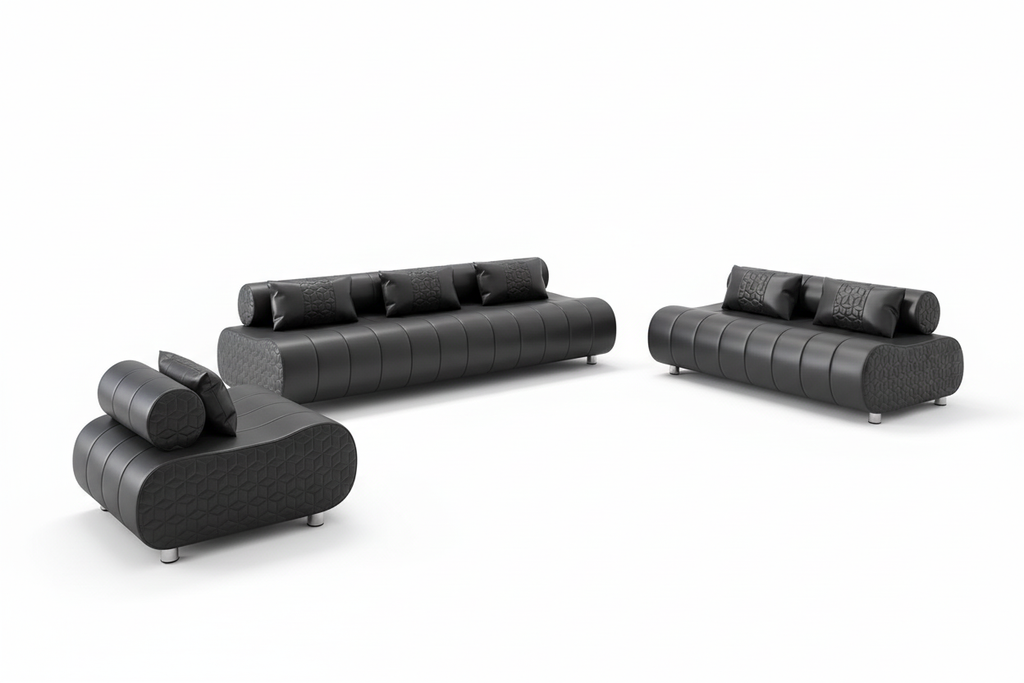 Puffer Modern Leather Sofa Set - Black Complete Set