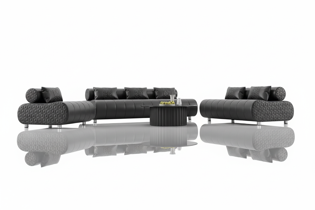 Puffer Modern Leather Sofa Set - Black Reflection