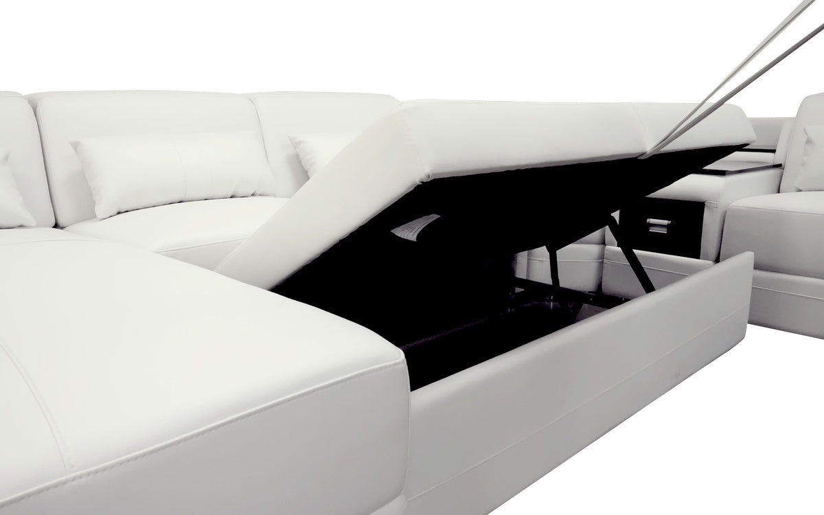 Original Bewley product photo showing the chaise cushion raised above its storage compartment