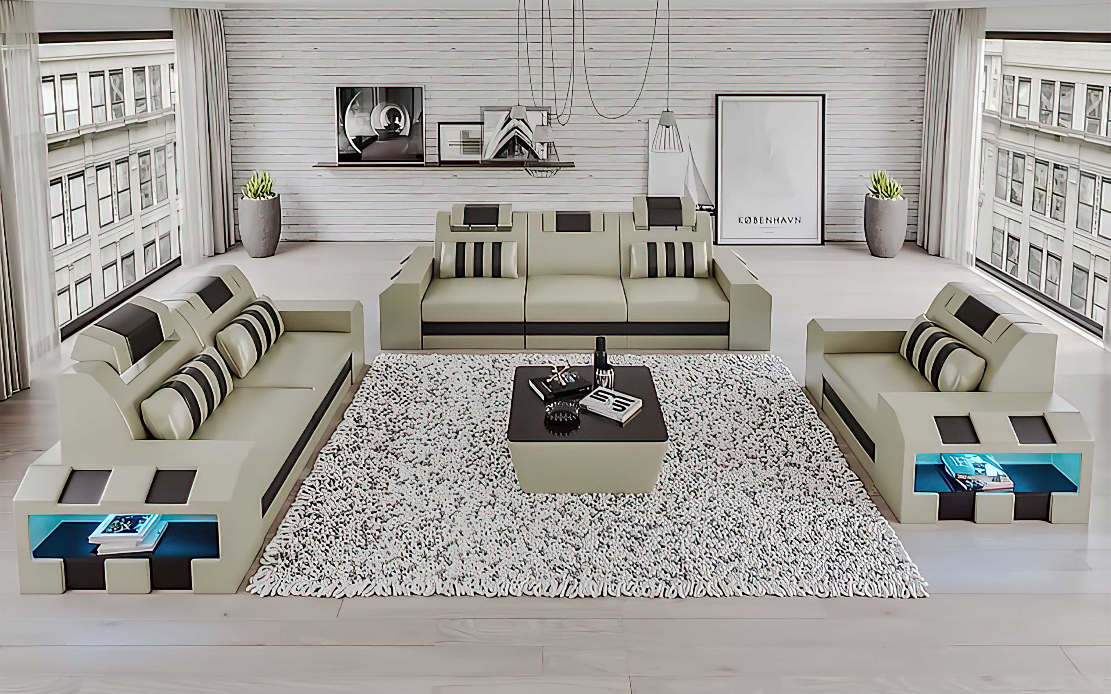 Cosmo LED Leather Sofa Set - Modern 3-Piece Living Room Set with Mood Lighting